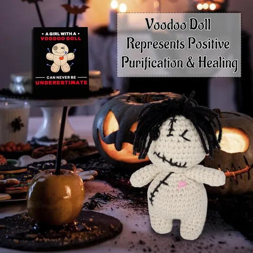 Miniatura 4 de Muñeca de Vudú Positiva Divertida Hecha a Mano de Ganchillo Rellena de Felpa con Tarjeta de Afirmación de Positividad para Decoración de Halloween