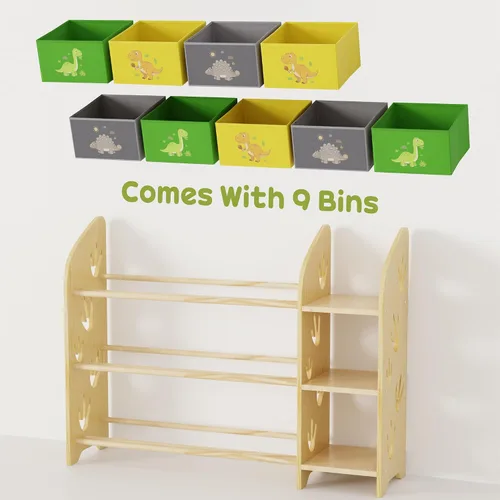 Miniatura 7 de Organizador de almacenamiento de juguetes con 3 estantes y 9 contenedores, estantería de dinosaurio verde para niños, sala de juegos, estante