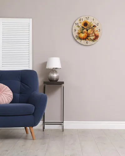 Miniatura 4 de Reloj de pared silencioso de PVC de 10 pulgadas, redondo, con girasol, calabaza, otoño, Acción de Gracias, reloj colgante para cocina, sin tictac