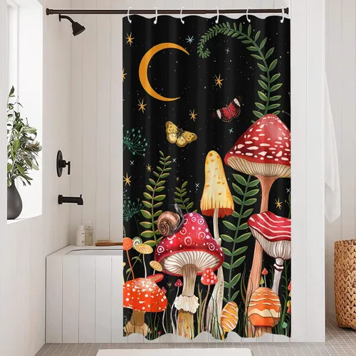 Miniatura 2 de Juego de cortinas de ducha con diseño de hongos y mariposas florales negras y rojas, tela impermeable, cortinas de ducha para baño, decoración