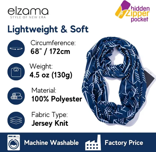 Miniatura 5 de elzama Infinity Loop Jersey Scarf with Hidden Zipper Pocket Printed Patterns for Women - Travel Wrap for Fall Winter