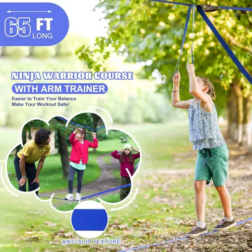 Miniatura 6 de Ninja Warrior - Carrera de obstáculos para patio trasero de niños, kit de línea floja de 65 pies con 13 obstáculos, hebillas de instalación rápida