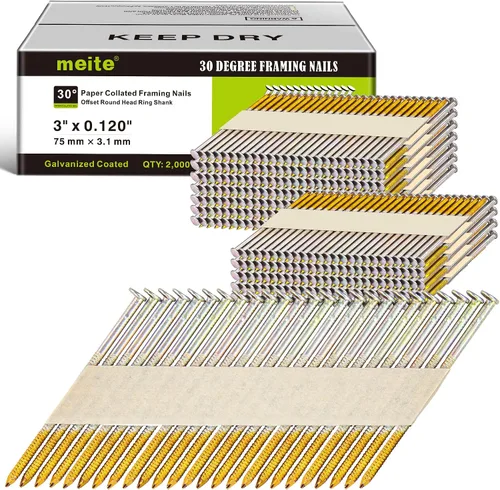 Miniatura 8 de meite Clavos de marco de 30 grados de 3 pulgadas x 0.120 pulgadas, clavos de papel para pistola clavadora de enmarcar de 30 a 34 grados, clavos