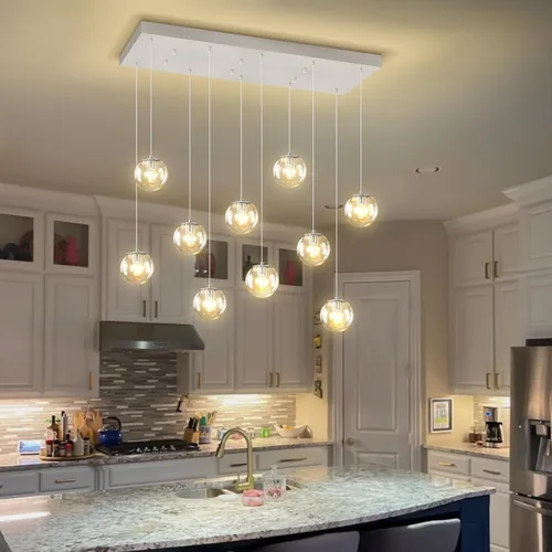 Miniatura 51 de ykolupty Escalera LED de 10 luces LED moderna con globo de cristal, lámpara colgante grande para techos altos, accesorios de iluminación de entrada