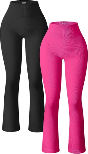 OQQ Pantalones de yoga para mujer, 2 piezas, acanalados, sin costuras, para entrenamiento, cintura alta, acampanados, leggings acampanados