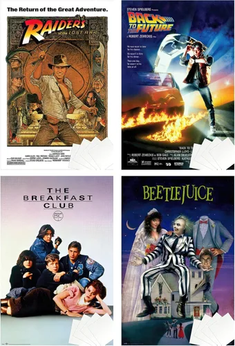 Miniatura 10 de Juego de carteles clásicos de la película de los años 80 (Raiders Of The Lost Ark, Back To The Future, Breakfast Club & Beetlejuice)