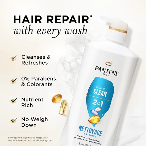 Miniatura 2 de Pantene Champú y Acondicionador 2 en 1, Limpieza Clásica - Nutrientes Pro-V para Cabello Seco y Teñido, Cabello de Aspecto Saludable en Cada Lavado