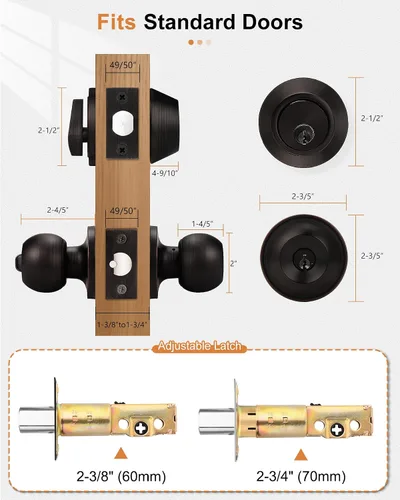 Miniatura 6 de Probrico Paquete Combinado de Pomo de Puerta de Entrada de Bronce Frotado con Aceite y Cerrojo de Cilindro Único, Juego de Pomo de Entrada y Cerrojo