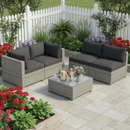 Miniatura 17 de Tangkula Juego de muebles de mimbre de patio de 7 piezas, juego de sofá modular de ratán para 6 personas con cojines de asiento y respaldo, 2 Azul