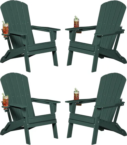 Miniatura 30 de Plawdlik Adirondack Juego de 2 sillas plegables, probadas por SGS, textura de madera con portavasos, polietileno de alta densidad resistente a todo
