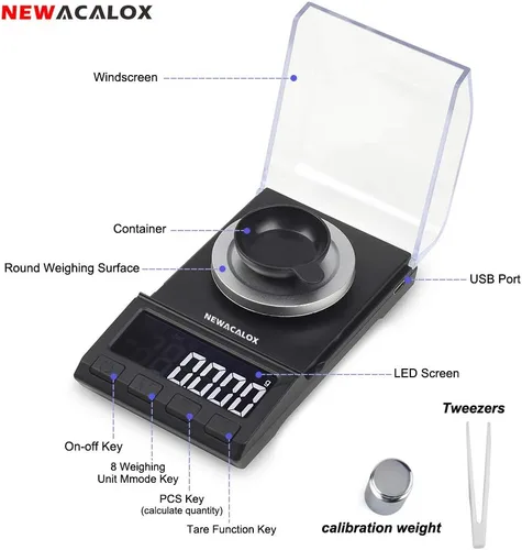 Miniatura 2 de Báscula miligráfica con suministro USB, báscula de recarga NEWACALOX de 100 x 0.00 oz, báscula de polvo de laboratorio multifunción portátil de alta