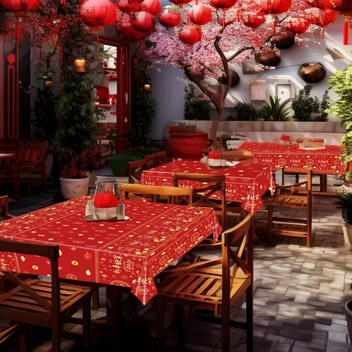 Miniatura 3 de 3 Manteles de Año Nuevo Chino - 54x108 Pulgadas Cubierta de Mesa de Plástico Desechable Roja y Dorada con Linternas, Estampado de Petardos