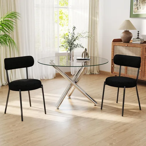 Miniatura 19 de Juego de mesa de comedor redonda de cristal negro para 2, juego de mesa de cocina pequeña y moderna de 36 pulgadas con 2 sillas de comedor tapizadas