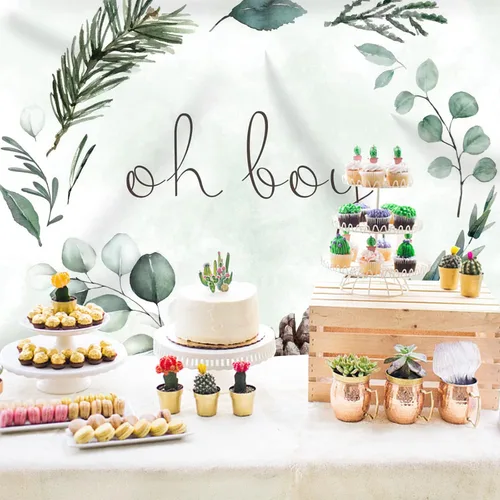 Miniatura 5 de Telón de fondo Oh Boy de 7 x 5 pies con vegetación para baby shower, fondo de fotografía de Navidad, hojas verdes, eucalipto botánico, decoración