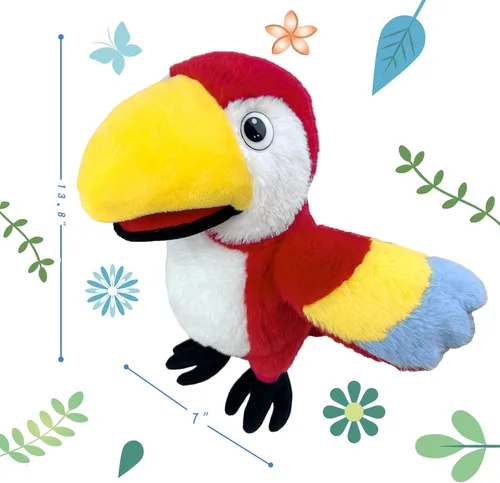 Marionetas de mano de loro, marionetas de mano de animales de 13.8 pulgadas, marionetas de mano de animales de peluche para niños con boca móvil,