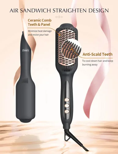 Miniatura 3 de LANDOT Cepillo alisador de cabello para cabello grueso y rizado, cepillo alisador de cerámica iónica con cerdas densas y 12 ajustes de temperatura