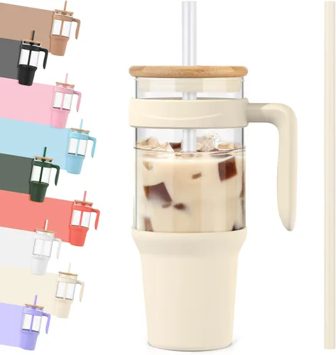 Miniatura 44 de Tronco Vaso de vidrio de 32 onzas con popote y tapa, tapa con popote 2 en 1 a prueba de fugas, botellas de agua de vidrio con asa, apto para Rosa