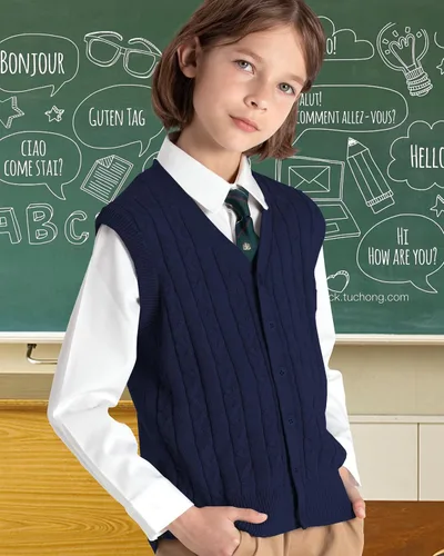 Miniatura 7 de BOBOYOYO Chaleco de suéter para niños, 100% algodón, chaleco para uniforme escolar, chaleco con botones para niños y niñas