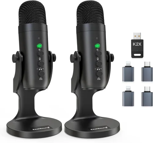 ZealSound Micrófono de podcast, paquete de equipo de podcast para iPhone, PC, iPad Android, micrófono USB inalámbrico dual de 2.4 GHz con reducción
