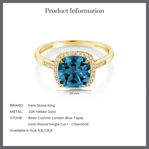 Miniatura 7 de Gem Stone King Anillo de compromiso de oro amarillo de 10 quilates con topacio azul Londres y diamantes para mujer