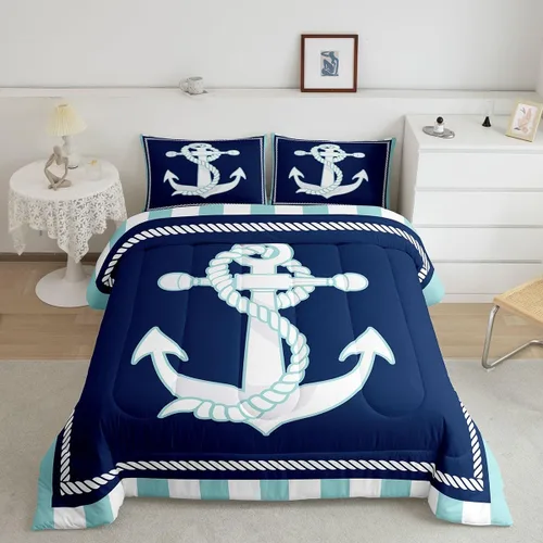 Miniatura 28 de Juego de edredón de brújula azul marino, tamaño individual, 2 piezas, diseño náutico de vela, estilo simple, para niños, adolescentes, adultos
