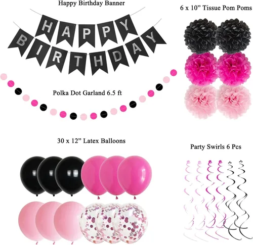 Miniatura 2 de ANSOMO - Decoraciones de fiesta de cumpleaños rosa y negro para niñas y mujeres Pancarta, globos de color rosa intenso, pompones, decoración