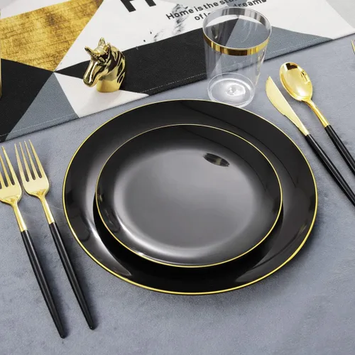 Miniatura 2 de LIYH - Juego de vajilla de plástico negro de 180 piezas con cubiertos dorados, platos de plástico negro, desechables, resistentes, juego