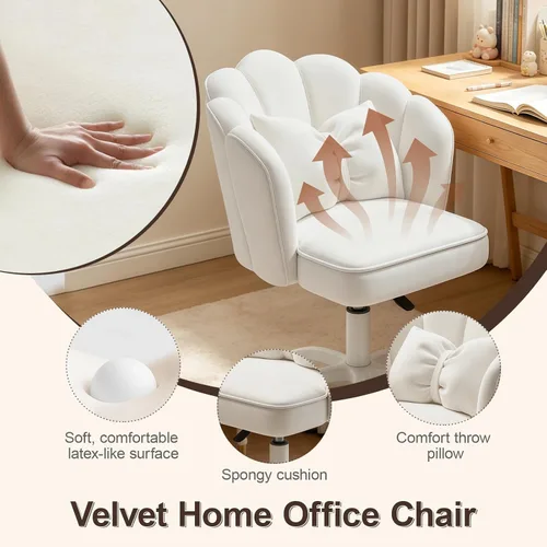 Miniatura 6 de Silla de escritorio Petal con cojín de lazo, silla de terciopelo con ruedas para tocador, silla tapizada para oficina en casa para niñas y mujeres