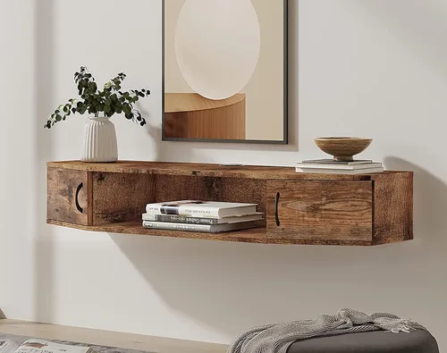 Miniatura 8 de FITUEYES Soporte flotante para TV montado en la pared, estante de TV con puerta, consola multimedia de madera, centro de entretenimiento debajo