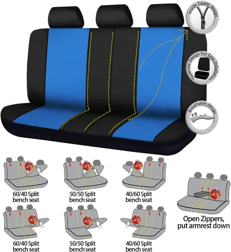 Miniatura 2 de Flying Banner Fundas para asiento trasero de coche, protectores de asiento de coche, con división 40/60 50/50 60/40 (negro y azul, valor)