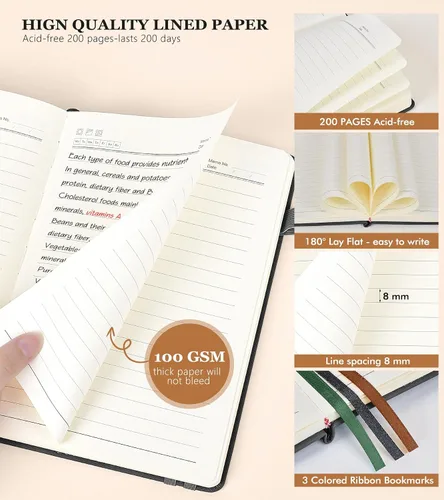 Miniatura 4 de PERCUN Cuaderno rayado para hombres y mujeres, 200 páginas A5 de cuero de tapa dura (5.9 x 8.5 pulgadas), diario de viaje para el trabajo, escuela