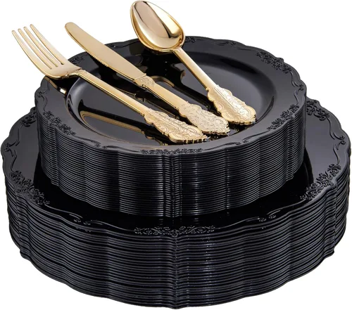 DaYammi 150 Piezas Platos de Plástico Negro y Cubiertos de Plástico Dorado, Juego de Platos Desechables Negros Incluye 30 Platos de Cena, 30 Platos