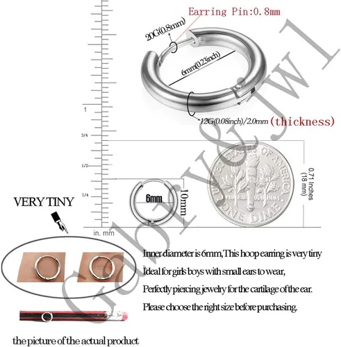 Miniatura 3 de Aretes de acero inoxidable 316L, argollas de 1564, 516, 2564, 716, 1532 y 3564 pulgadas, arracadas hipoalergénicas, para el cartílago, hélix