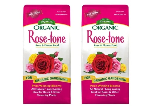 Espoma Fertilizante orgánico orgánico de tono rosa 4-3-2 para todo tipo de rosas y otras plantas con flores. Promueve el crecimiento verde vigoroso