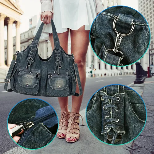 Miniatura 7 de Casual lavado Denim Hombro Bolsos Top Handle Señora Hobo Bolsas Mujeres Monederos y bolsos