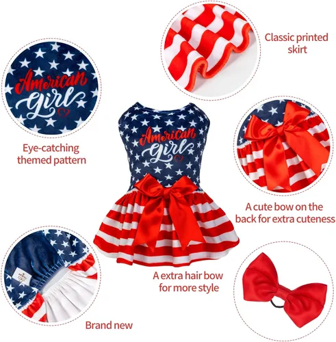 Miniatura 2 de CuteBone - Vestidos de terciopelo para perros del 4 de julio para perros pequeños, mono para mascotas, ropa para niñas, falda de cachorro con lazo