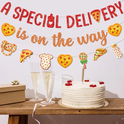 Miniatura 3 de Banner con texto en inglés «A Special Delivery Is on the Way» Decoraciones para fiestas de pizza, entrega especial, pizza, baby shower, baby shower