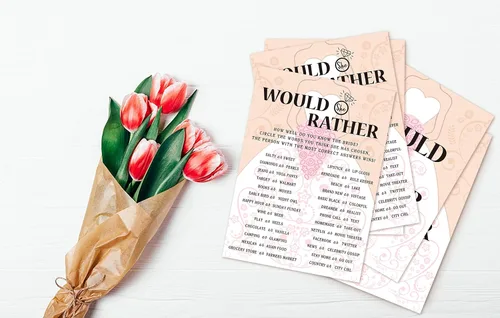 Miniatura 4 de Tarjetas de juego para despedida de soltera, juego de "Would She Rather Game", tarjetas de fiesta de compromiso rosas para boda, juego de 30
