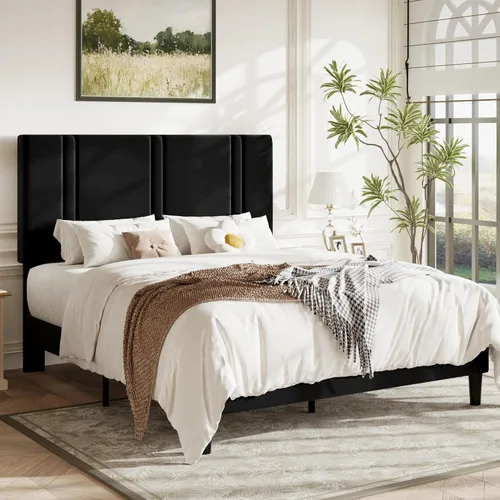 Miniatura 3 de Allewie Marco de cama de plataforma de tamaño matrimonial con cabecera ajustable, tapizado de terciopelo de felpa, canal vertical acolchonado, Negro
