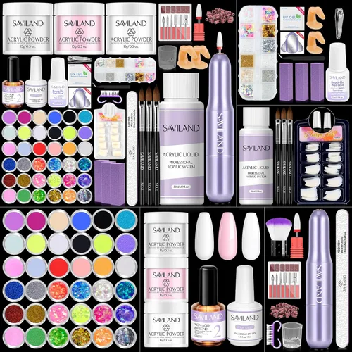 Miniatura 17 de Saviland Kit de iniciación de uñas acrílicas: polvo y líquido acrílico rosa claro nude, cepillo, limas, formularios, uñas a presión, juego