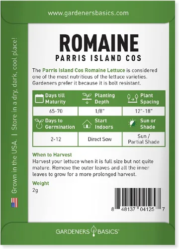 Miniatura 7 de Gardeners Basics, Semillas de lechuga romana para plantar, Parris Island Cos Heirloom, variedad vegetal sin OMG, 0.07 onzas de semillas ideales