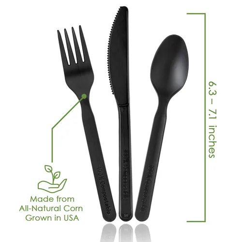 Miniatura 3 de Ecovita Juego de cubiertos desechables 100% compostables - 380 tenedores, cucharas y cuchillos grandes (17.8 cm) Utensilios ecológicos duraderos