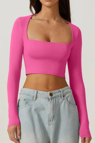 Miniatura 3 de QINSEN Camiseta corta sexy de manga larga con cuello cuadrado para mujer