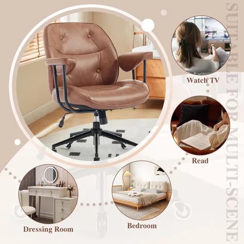 Miniatura 9 de Silla de escritorio de oficina en casa, piel sintética retro con soporte lumbar y ruedas de goma, silla ergonómica de computadora con respaldo