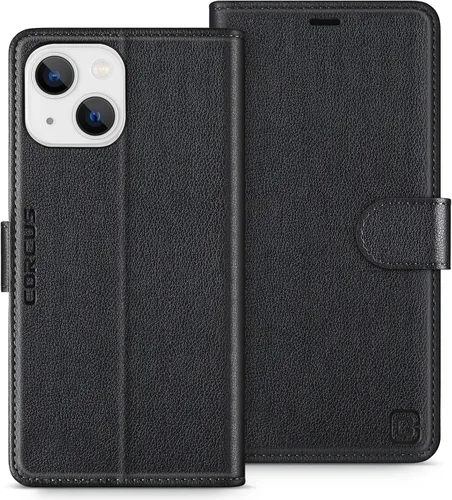 Miniatura 13 de Funda tipo cartera para iPhone 13 Pro Max de 6.7 pulgadas, con bloqueo RFID, tarjeteros, función atril, cierre magnético, de piel sintética, Coñac
