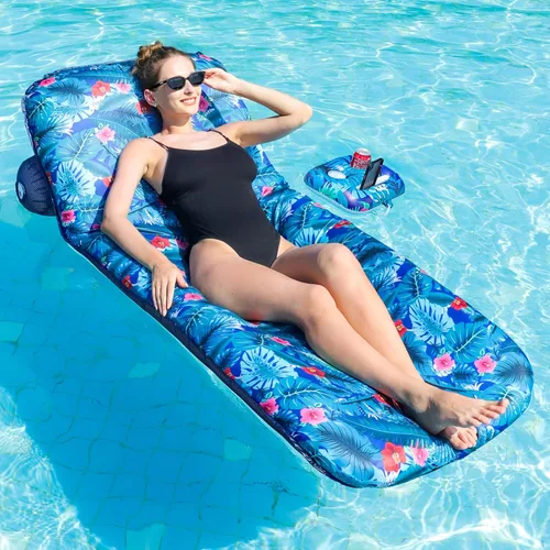 FindUWill Tumbona inflable para piscina, flotador de tela con soporte para tazas, respaldo, flotadores de agua de natación para adultos (azul