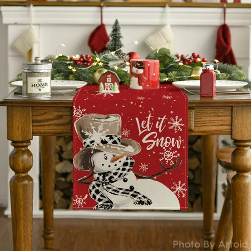 Miniatura 7 de Artoid Mode Camino de Mesa de Invierno Rojo Muñeco de Nieve Copo de Nieve Let it Snow, Decoración de Mesa de Cocina Comedor de Temporada Navideña