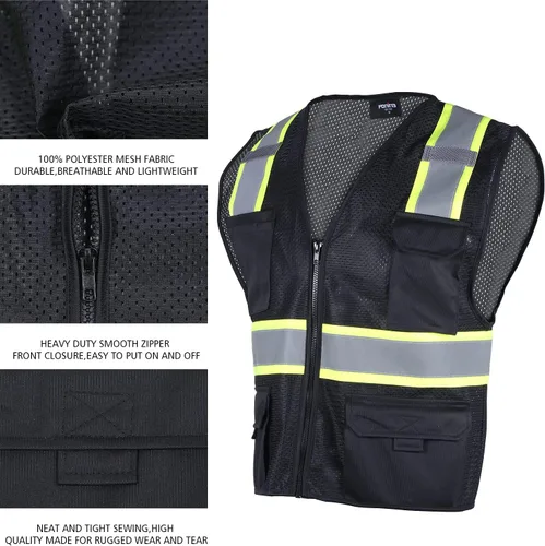 Miniatura 4 de FONIRRA Chaleco de seguridad para hombres de alta visibilidad reflectante, chaleco de trabajo de construcción ANSI clase 2 con bolsillos y Negro
