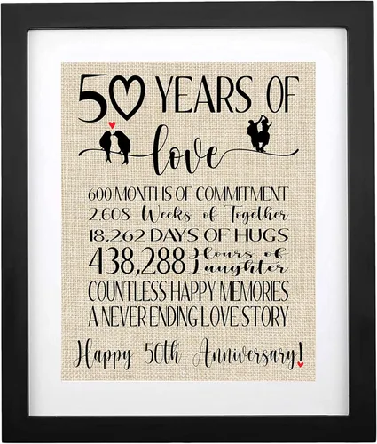 TOBOHU Impresiones enmarcadas de arpillera de 50 años de amor, regalos para padres 50 aniversario de boda, decoración dorada feliz 50 aniversario
