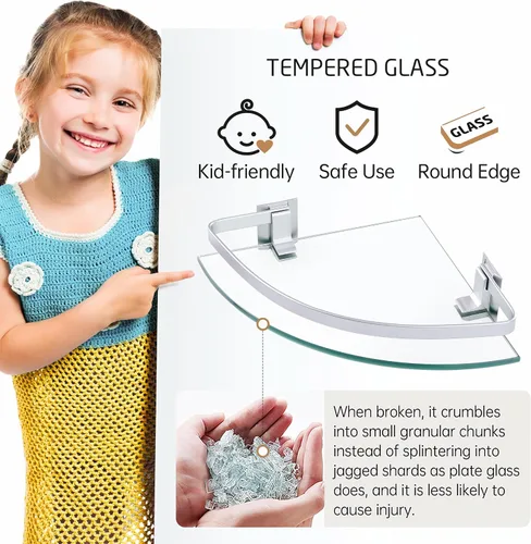 Miniatura 7 de KES Estante de esquina de vidrio para baño, estante de vidrio de esquina con soporte de pared de riel de 2 niveles con acabado plateado rociado